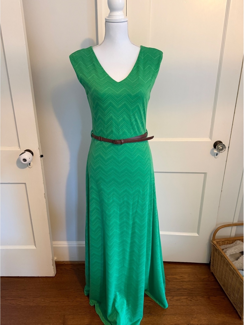 Green Chevron Pattern Maxi Dress with Brown Belt